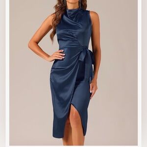 Allegra K Women Sleeveless Satin Dress Stand Collar Tie Ruched Waist Dress